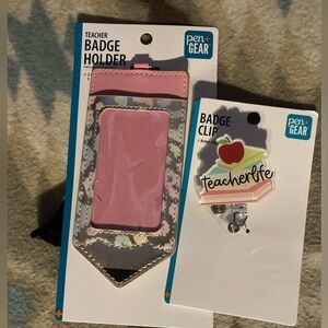 New with Tags pen+gear Pink and Camouflage Badge Holder with Teacherlife Clip